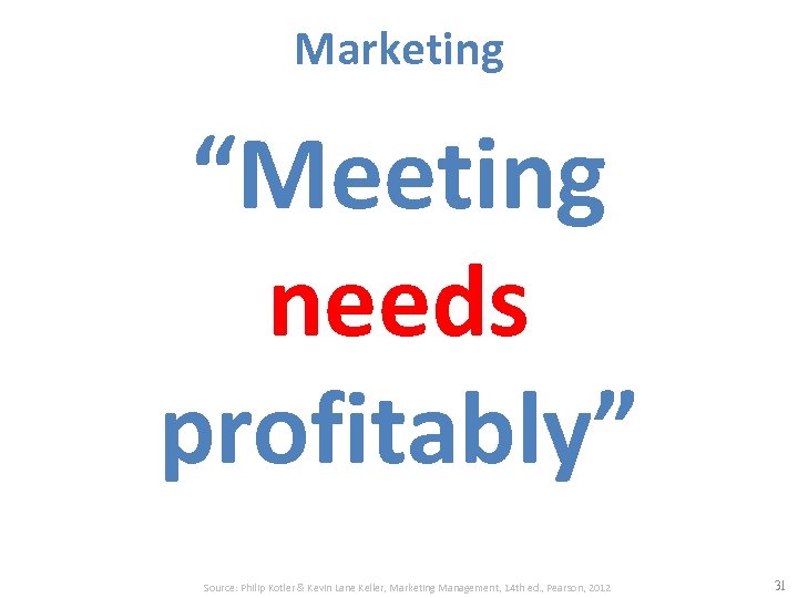 Marketing “Meeting needs profitably” Source: Philip Kotler & Kevin Lane Keller, Marketing Management, 14