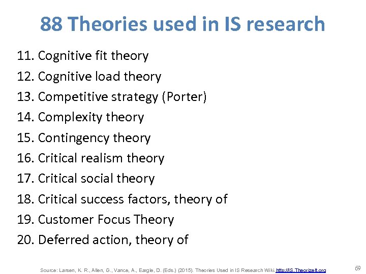 88 Theories used in IS research 11. Cognitive fit theory 12. Cognitive load theory