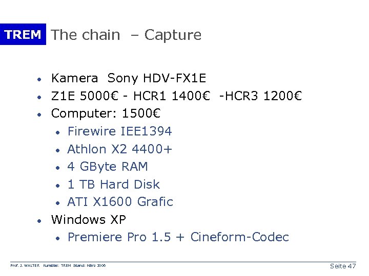 TREM The chain – Capture · · Prof. J. WALTER Kamera Sony HDV-FX 1