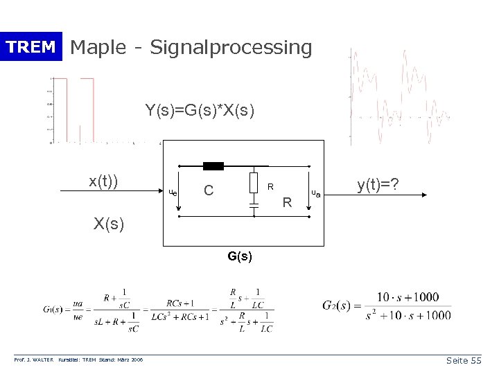 TREM Maple - Signalprocessing Y(s)=G(s)*X(s) x(t)) ue R C R ua y(t)=? X(s) G(s)