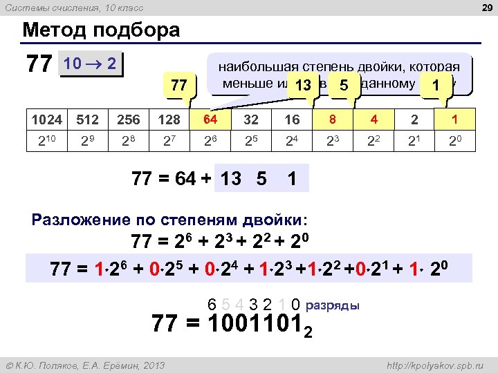 29 Системы счисления, 10 класс Метод подбора 77 10 2 наибольшая степень двойки, которая