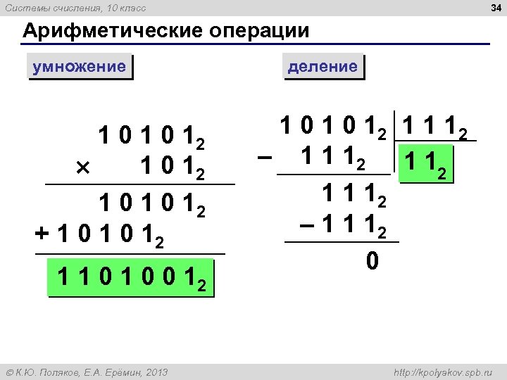 34 Системы счисления, 10 класс Арифметические операции умножение 1 0 12 1 0 1