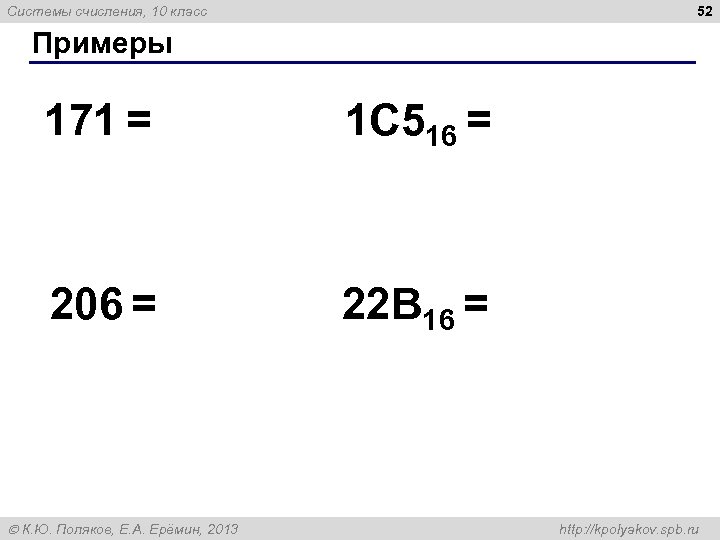 52 Системы счисления, 10 класс Примеры 171 = 1 C 516 = 206 =