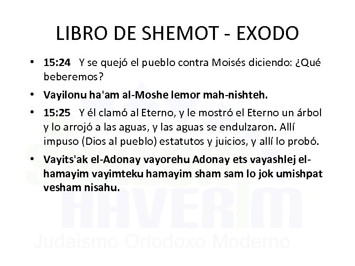 LIBRO DE SHEMOT - EXODO • 15: 24 Y se quejó el pueblo contra