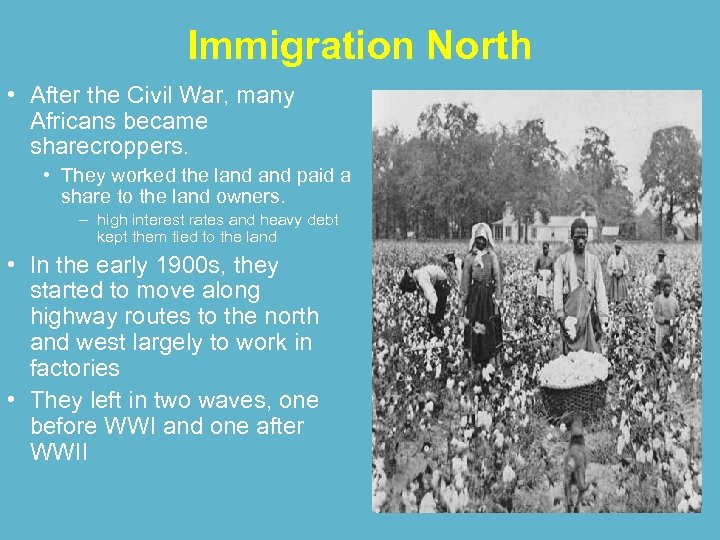 Immigration North • After the Civil War, many Africans became sharecroppers. • They worked