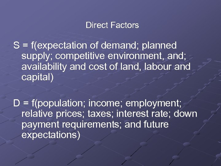 Direct Factors S = f(expectation of demand; planned supply; competitive environment, and; availability and