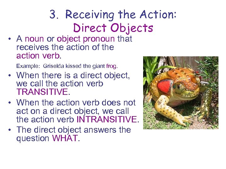 3. Receiving the Action: Direct Objects • A noun or object pronoun that receives