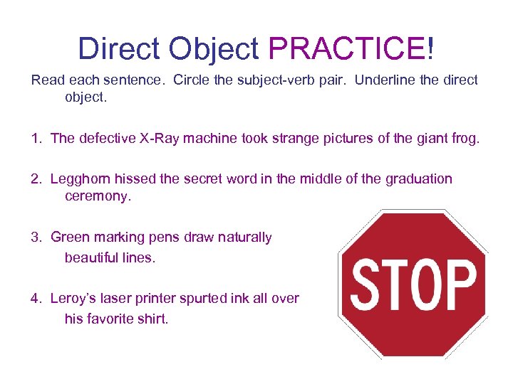 Direct Object PRACTICE! Read each sentence. Circle the subject-verb pair. Underline the direct object.