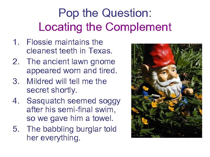 Pop the Question: Locating the Complement 1. Flossie maintains the cleanest teeth in Texas.