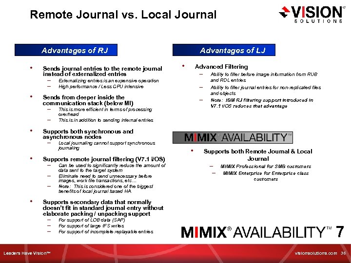 Remote Journal vs. Local Journal Advantages of RJ Auditing & Self-healing • Sends journal