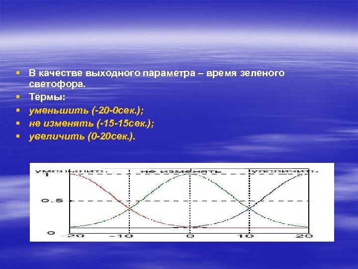 § В качестве выходного параметра – время зеленого светофора. § Термы: § уменьшить (-20