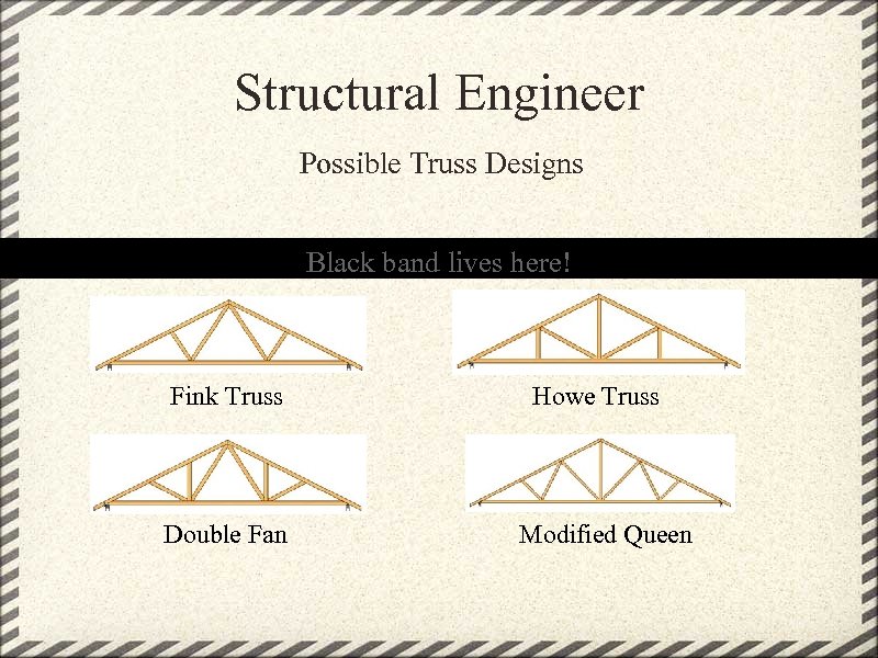 Structural Engineer Possible Truss Designs Black band lives here! Fink Truss Double Fan Howe