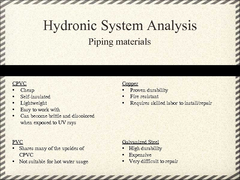 Hydronic System Analysis Piping materials CPVC • Cheap • Self-insulated • Lightweight • Easy
