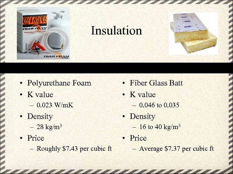 Insulation • Polyurethane Foam • K value – 0. 023 W/m. K • Density