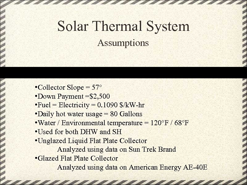 Solar Thermal System Assumptions • Collector Slope = 57° • Down Payment =$2, 500