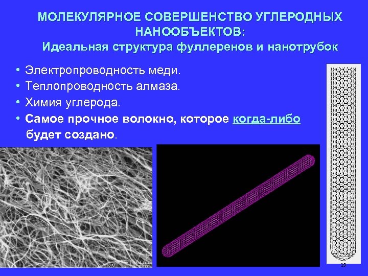 МОЛЕКУЛЯРНОЕ СОВЕРШЕНСТВО УГЛЕРОДНЫХ НАНООБЪЕКТОВ: Идеальная структура фуллеренов и нанотрубок • • Электропроводность меди. Теплопроводность