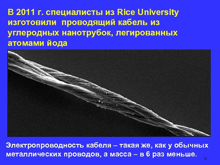 В 2011 г. специалисты из Rice University изготовили проводящий кабель из углеродных нанотрубок, легированных