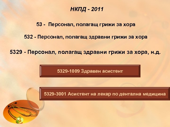 НКПД - 2011 53 - Персонал, полагащ грижи за хора 532 - Персонал, полагащ