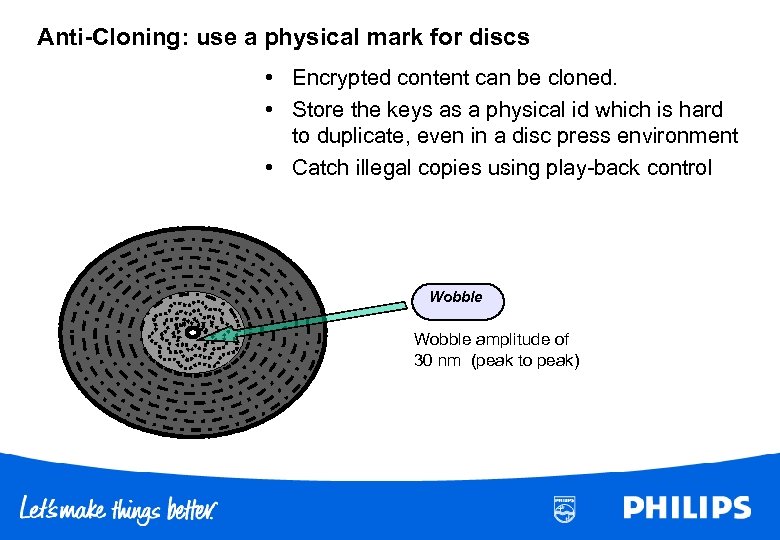 Anti-Cloning: use a physical mark for discs • Encrypted content can be cloned. •