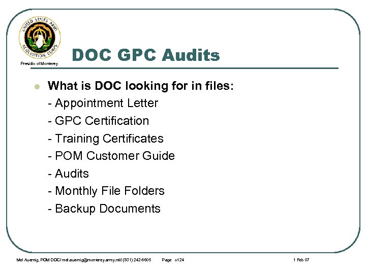 Presidio of Monterey l DOC GPC Audits What is DOC looking for in files: