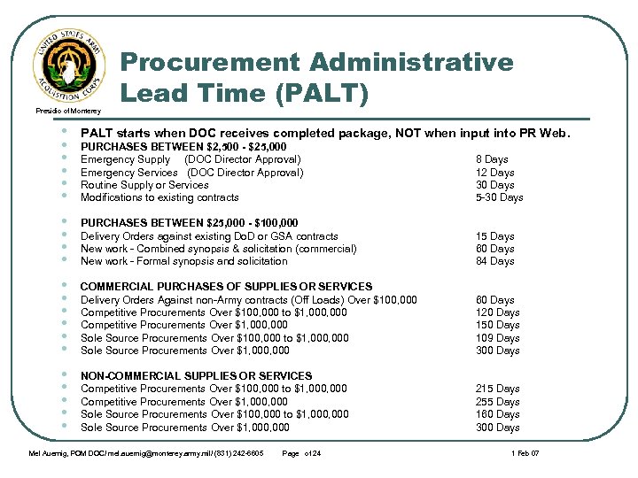 Presidio of Monterey • • • Procurement Administrative Lead Time (PALT) PALT starts when