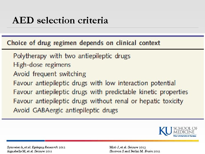 AED selection criteria Synowiec A, et al. Epilepsy Research 2012 Aiguabella M, et al.