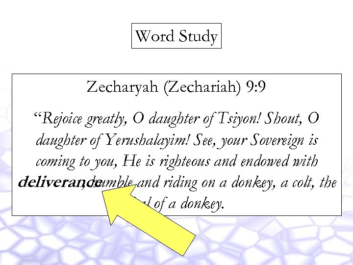 Word Study Zecharyah (Zechariah) 9: 9 “Rejoice greatly, O daughter of Tsiyon! Shout, O