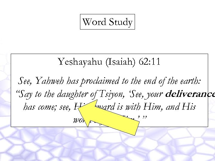 Word Study Yeshayahu (Isaiah) 62: 11 See, Yahweh has proclaimed to the end of