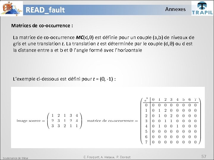 READ_fault Annexes Matrices de co-occurrence : La matrice de co-occurrence MC(d, θ) est définie
