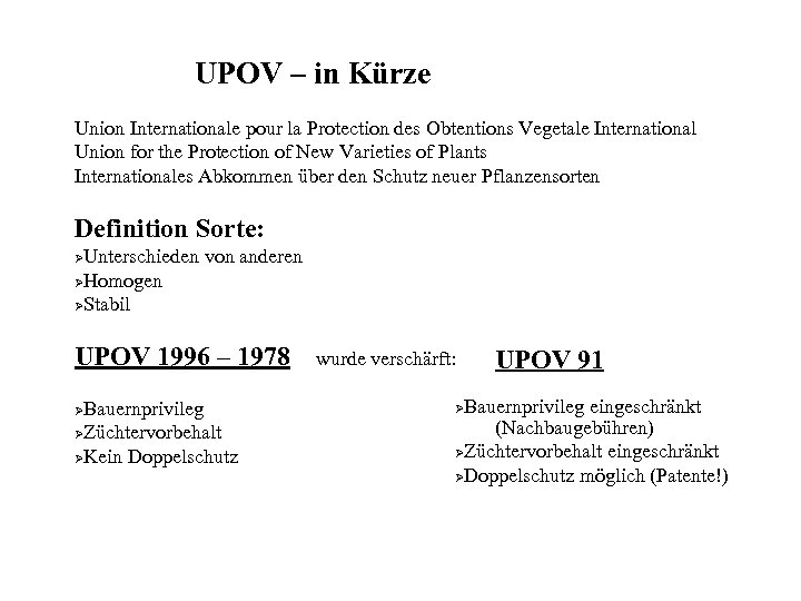 UPOV – in Kürze Union Internationale pour la Protection des Obtentions Vegetale International Union