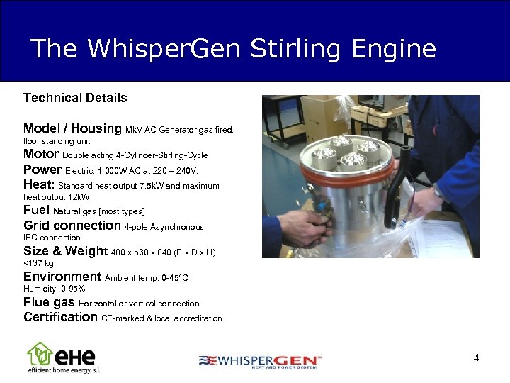 The Whisper. Gen Stirling Engine Technical Details Model / Housing Mk. V AC Generator
