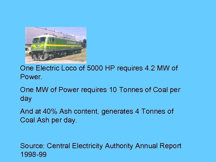 One Electric Loco of 5000 HP requires 4. 2 MW of Power. One MW