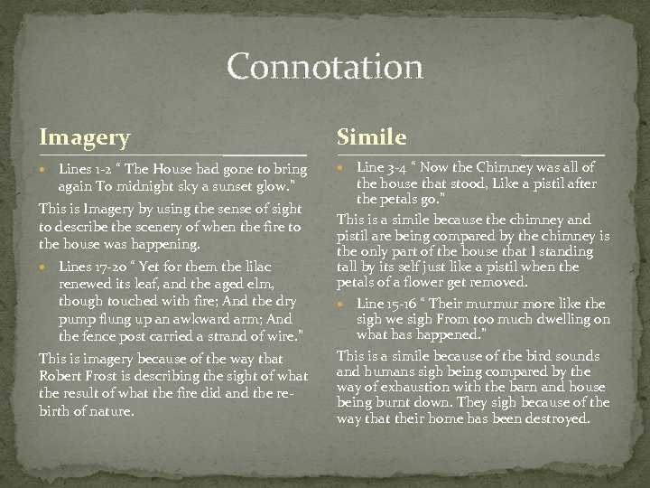 Connotation Imagery Simile Lines 1 -2 “ The House had gone to bring Line