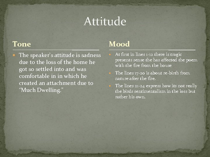 Attitude Tone Mood The speaker’s attitude is sadness At first in lines 1 -12