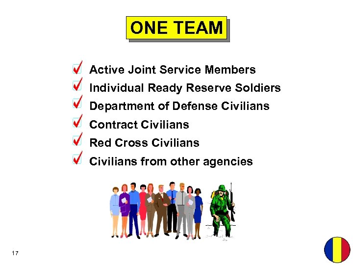 ONE TEAM Active Joint Service Members Individual Ready Reserve Soldiers Department of Defense Civilians