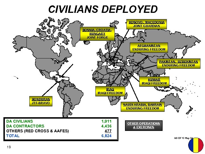 CIVILIANS DEPLOYED KOSOVO, MACEDONIA JOINT GUARDIAN BOSNIA, CROATIA, HUNGARY JOINT FORGE AFGHANISTAN ENDURING FREEDOM