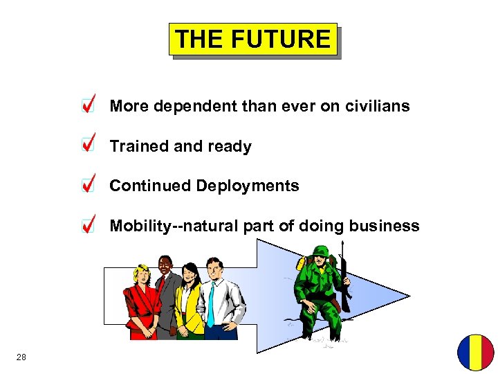 THE FUTURE More dependent than ever on civilians Trained and ready Continued Deployments Mobility--natural