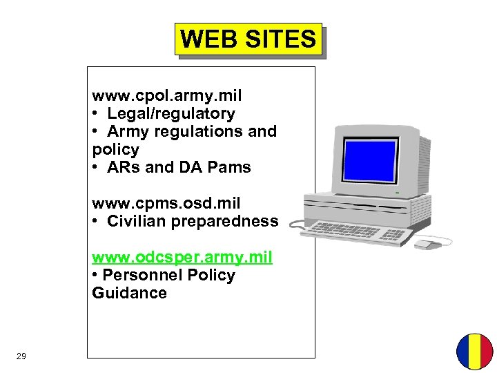 WEB SITES www. cpol. army. mil • Legal/regulatory • Army regulations and policy •