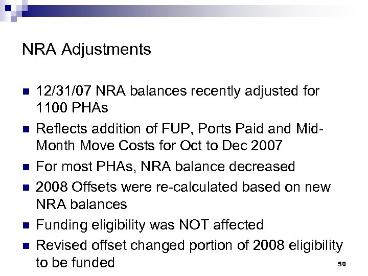 NRA Adjustments n n n 12/31/07 NRA balances recently adjusted for 1100 PHAs Reflects