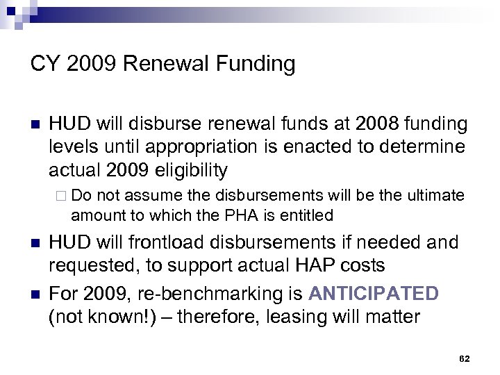 CY 2009 Renewal Funding n HUD will disburse renewal funds at 2008 funding levels