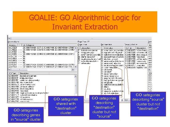 GOALIE: GO Algorithmic Logic for Invariant Extraction GO categories describing genes in “source” cluster