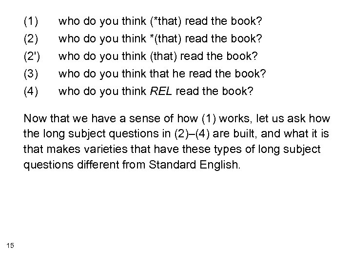 (1) (2') who do you think (*that) read the book? who do you think