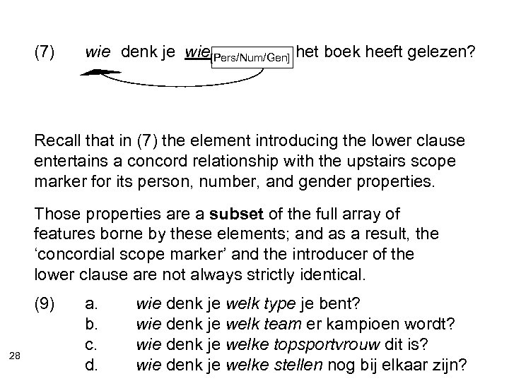 (7) wie denk je wie[Pers/Num/Gen] het boek heeft gelezen? wat Recall that in (7)