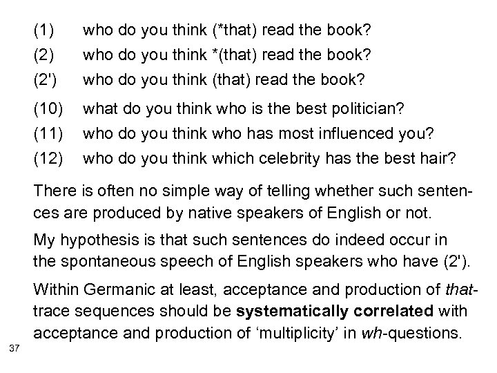(1) (2') who do you think (*that) read the book? who do you think