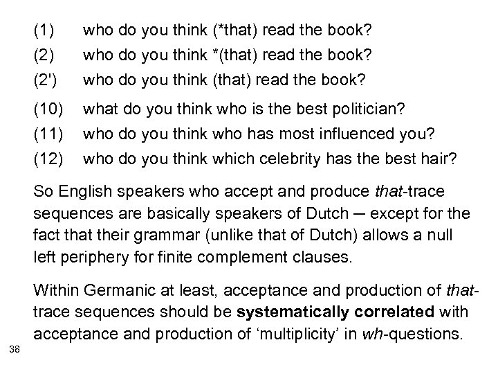 (1) (2') who do you think (*that) read the book? who do you think