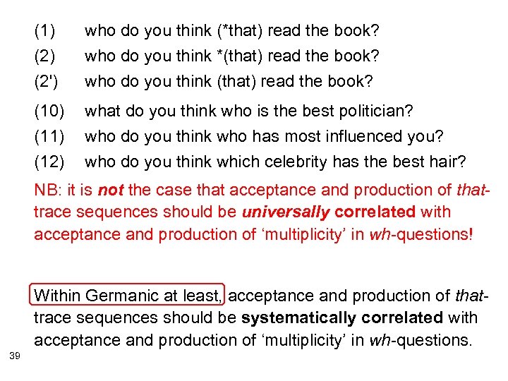 (1) (2') who do you think (*that) read the book? who do you think