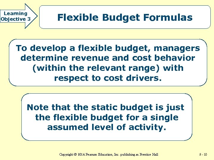 Learning Objective 3 Flexible Budget Formulas To develop a flexible budget, managers determine revenue