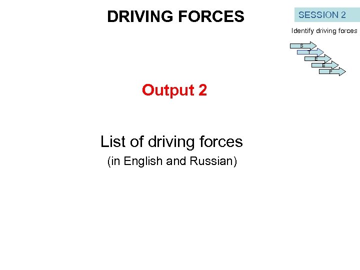 DRIVING FORCES SESSION 2 Identify driving forces S T E E P Output 2