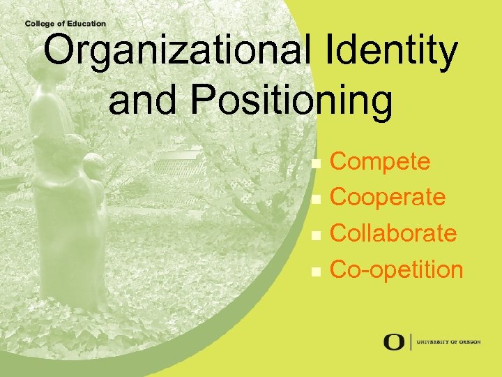 Organizational Identity and Positioning Compete n Cooperate n Collaborate n Co-opetition n 