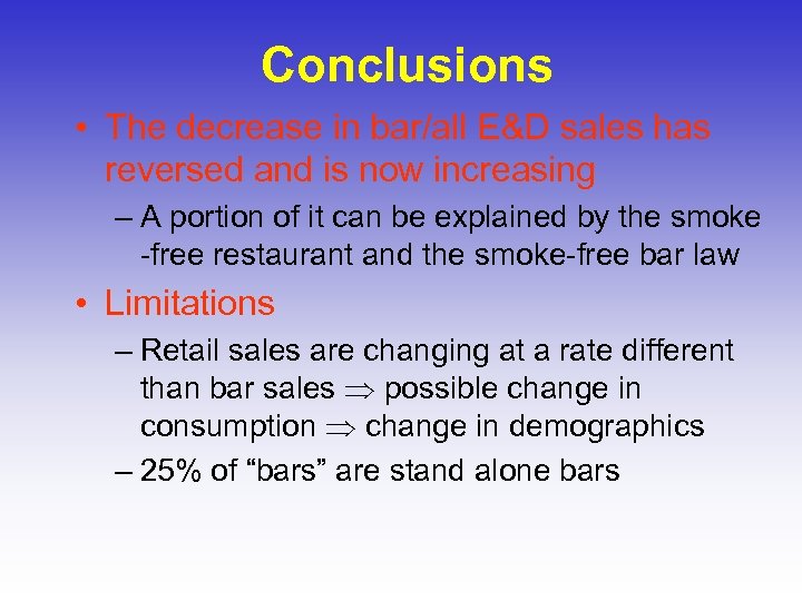 Conclusions • The decrease in bar/all E&D sales has reversed and is now increasing